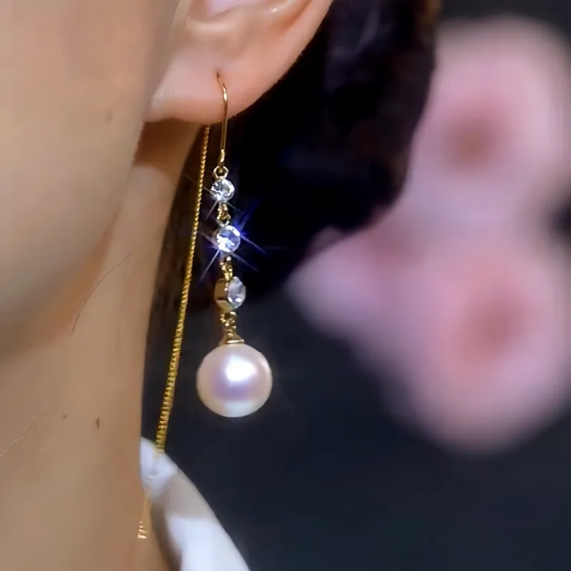 14K Gold-Plated Elegant White Pearl Zircon Tassel Threader Earrings