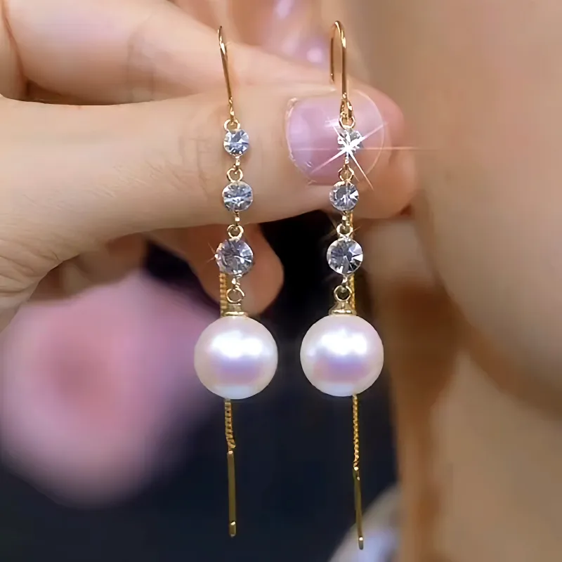 14K Gold-Plated Elegant White Pearl Zircon Tassel Threader Earrings