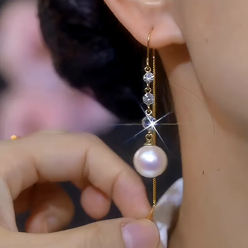 14K Gold-Plated Elegant White Pearl Zircon Tassel Threader Earrings