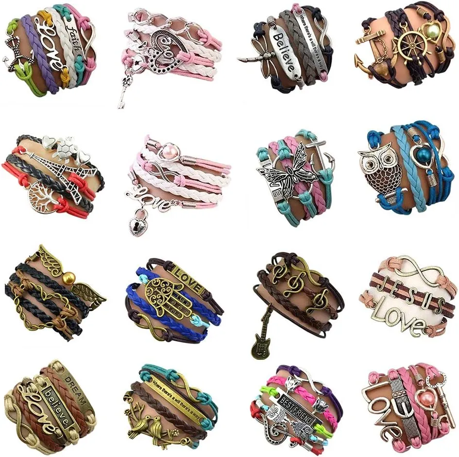 16pcs Handmade Braided Multi Layers Vintage Woven Rope Wrap Bangle Bracelets - Infinity Love Best Friend