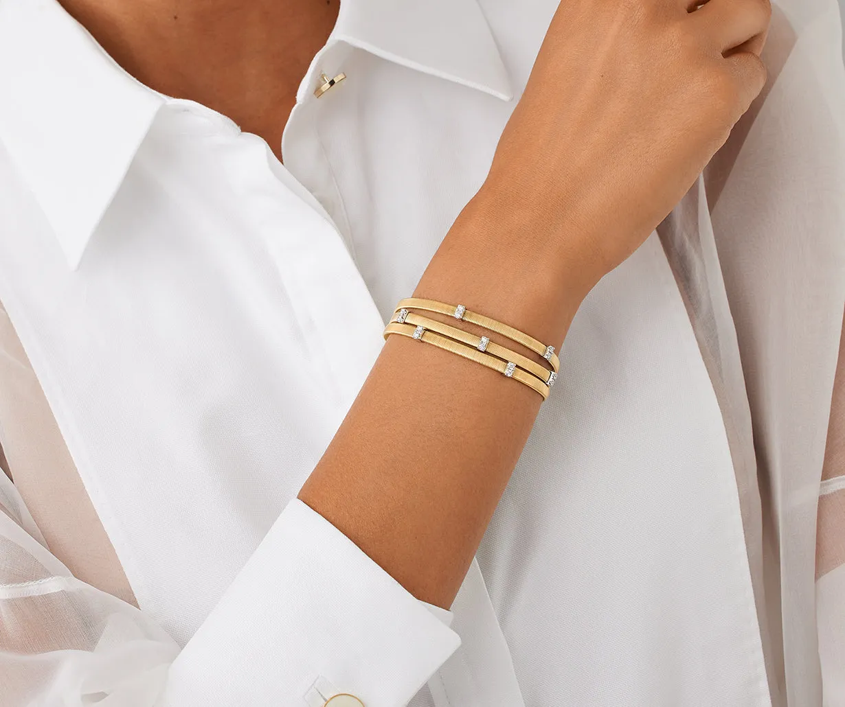 18K Yellow Gold 3-Strand Coil Bracelet With Diamonds Stations