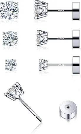 3 Pairs Moissanite Stud Earrings for Women & Men, Sterling Silver Hypoallergeni Design, Flat Back, Cartilage Helix Piercing Earring, D Color VVS1 Moissanite Earrings Set, 18K White Gold Plated