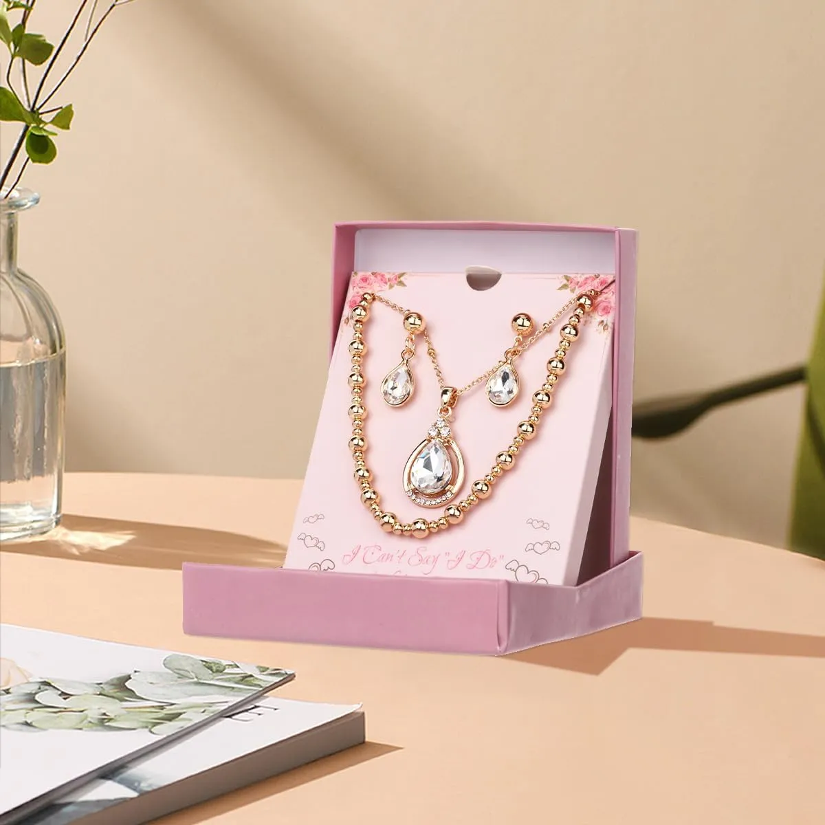 Bridesmaid Jewelry Gift Set for Women I Can't Say I Do Without You Teardrop Pendant Necklace Earrings with Copper Bead Bracelet Set for Wedding Proposal