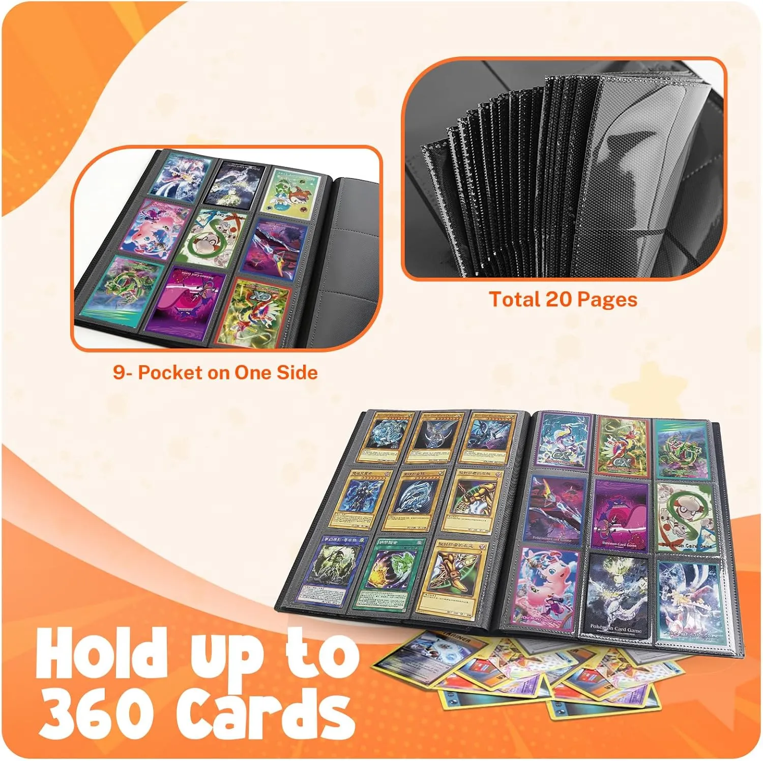 Card Binder, 9 Pocket Trading Card Album Folder,20 Pages, 360 Card Capacity Sports Card Binder, Premium Card Binders Compatible with MTG, TCG, Baseball Cards (Black)