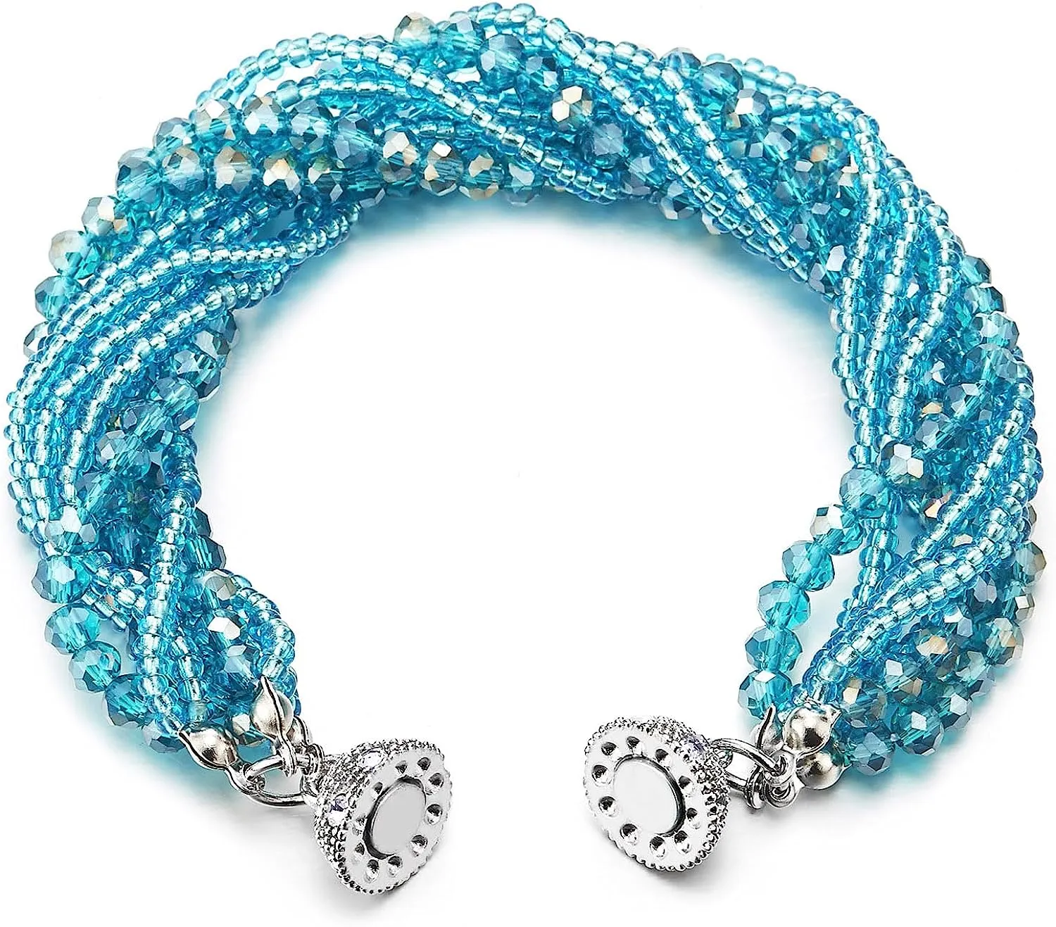COOLSTEELANDBEYOND Blue Crystal Beads Multi-Strand Bracelet with Rhinestone Ball Charm Magnetic Clasp