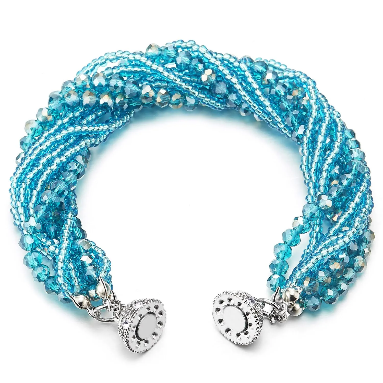 COOLSTEELANDBEYOND Blue Crystal Beads Multi-Strand Bracelet with Rhinestone Ball Charm Magnetic Clasp