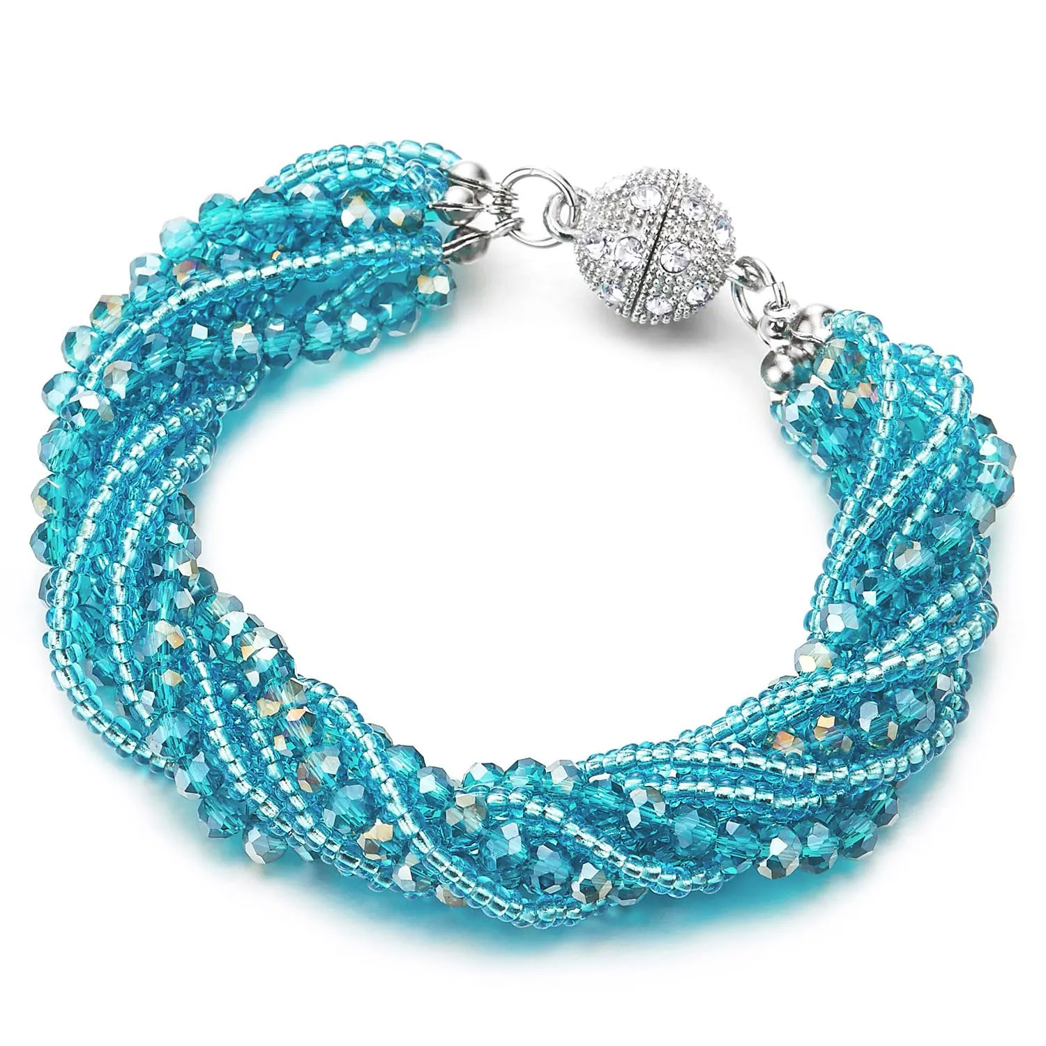 COOLSTEELANDBEYOND Blue Crystal Beads Multi-Strand Bracelet with Rhinestone Ball Charm Magnetic Clasp