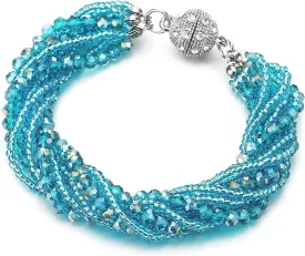 COOLSTEELANDBEYOND Blue Crystal Beads Multi-Strand Bracelet with Rhinestone Ball Charm Magnetic Clasp