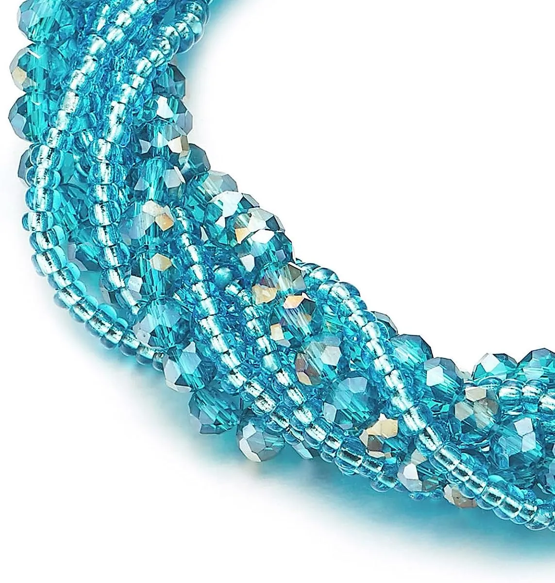 COOLSTEELANDBEYOND Blue Crystal Beads Multi-Strand Bracelet with Rhinestone Ball Charm Magnetic Clasp