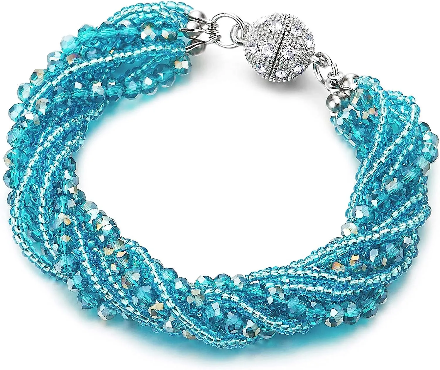 COOLSTEELANDBEYOND Blue Crystal Beads Multi-Strand Bracelet with Rhinestone Ball Charm Magnetic Clasp