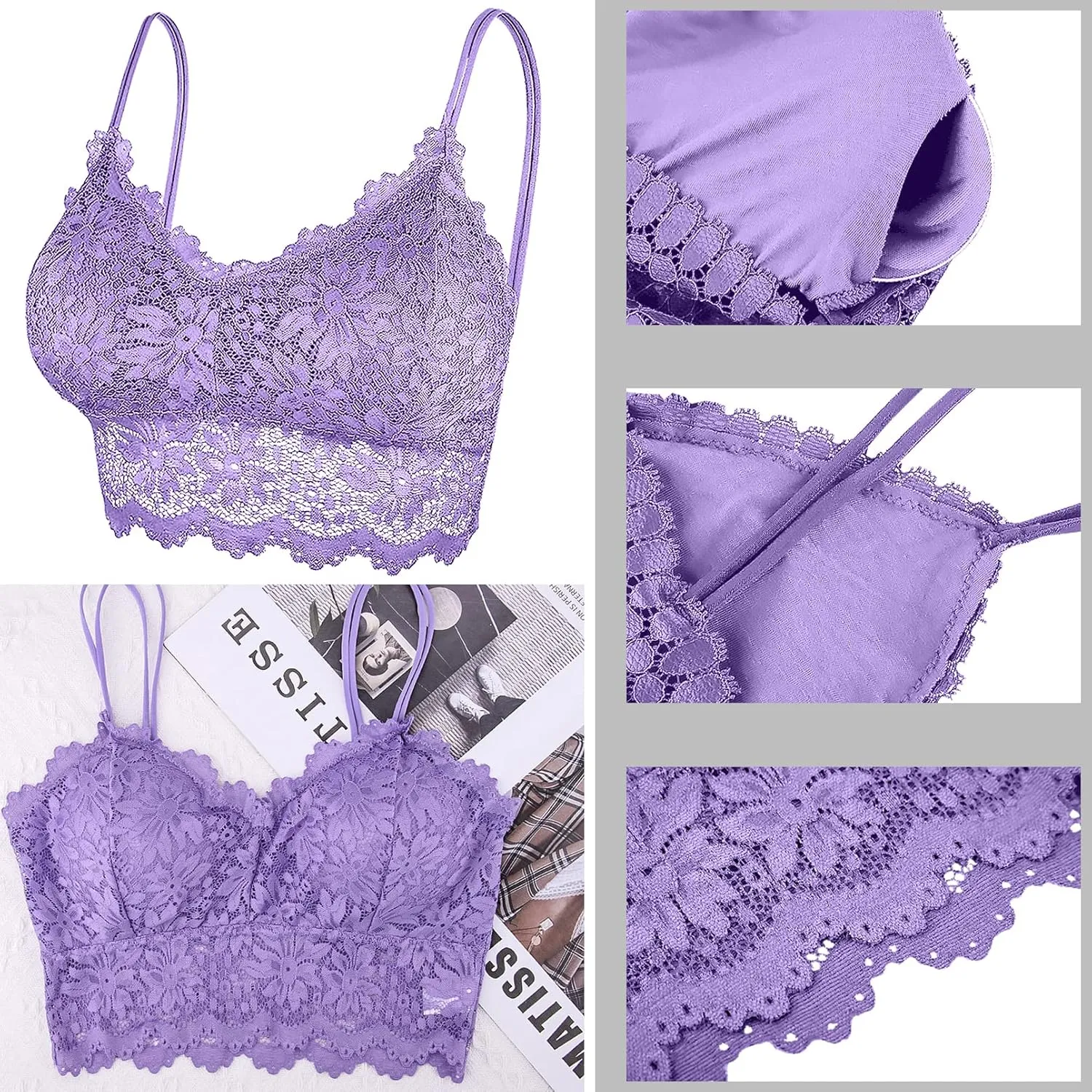 Duufin 5 Pcs Lace Bralettes for Women Bralette Padded Lace Bandeau Bra
