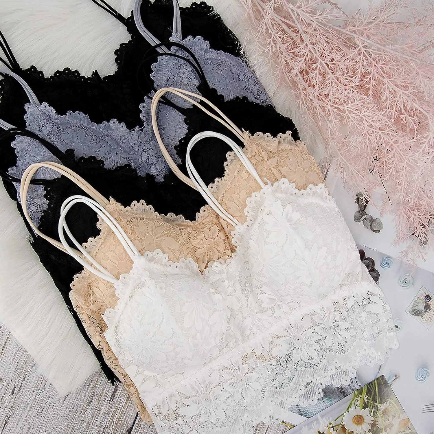Duufin 5 Pcs Lace Bralettes for Women Bralette Padded Lace Bandeau Bra