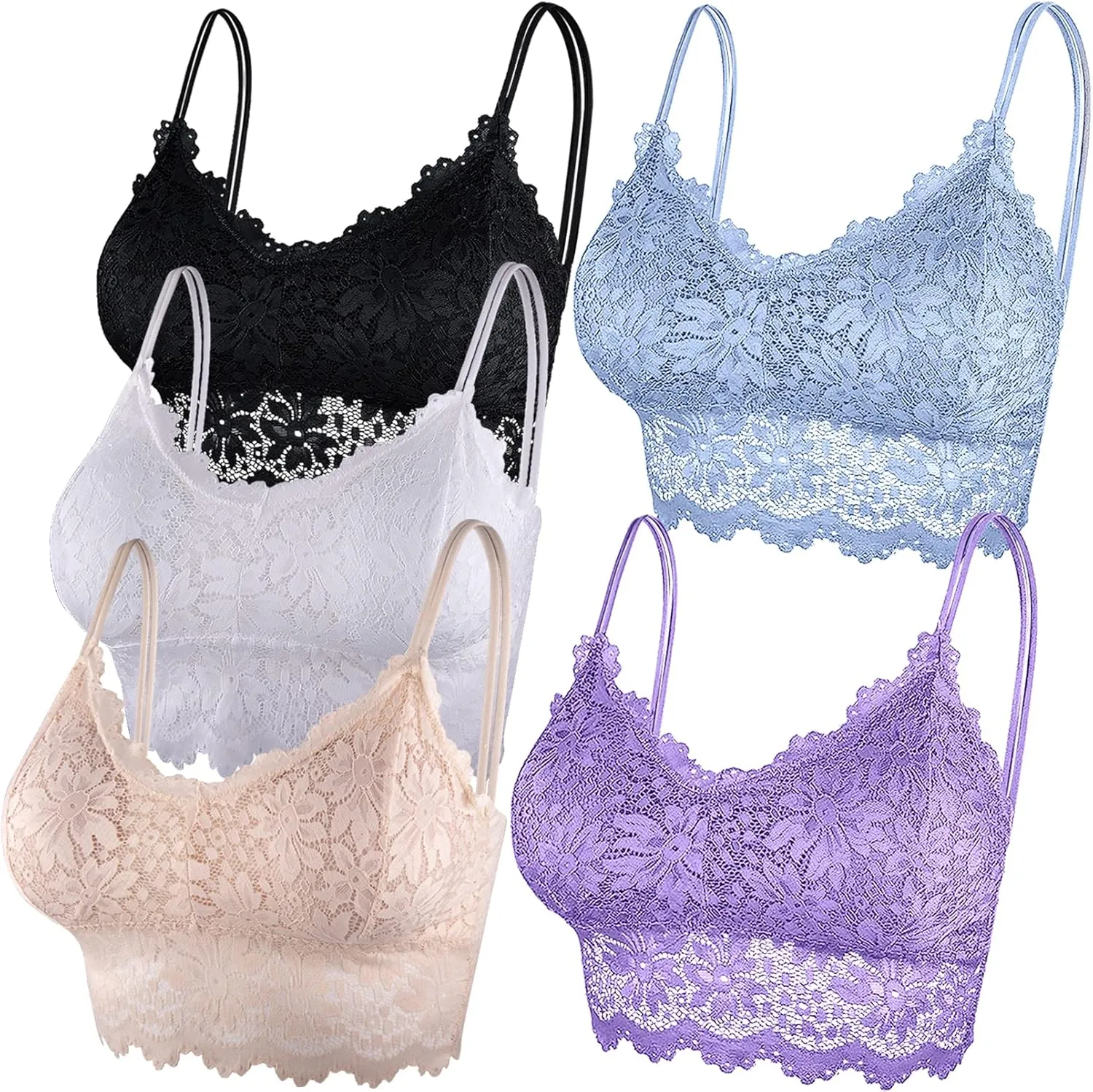 Duufin 5 Pcs Lace Bralettes for Women Bralette Padded Lace Bandeau Bra