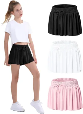 EXARUS Girls Butterfly Shorts Flowy Dance Athletic 2 in 1 Cheer Skorts Flutter Skirt Running Preppy Clothes Kids 6-14Y