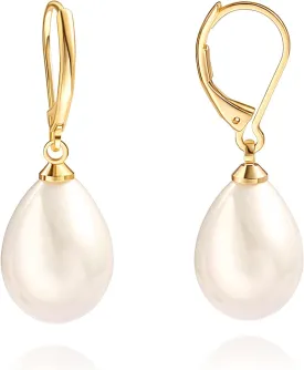 Handpicked White Pearl Earrings 18k Gold Plated Leverback Dangle Stud Pearl Earrings Jewelry for Women
