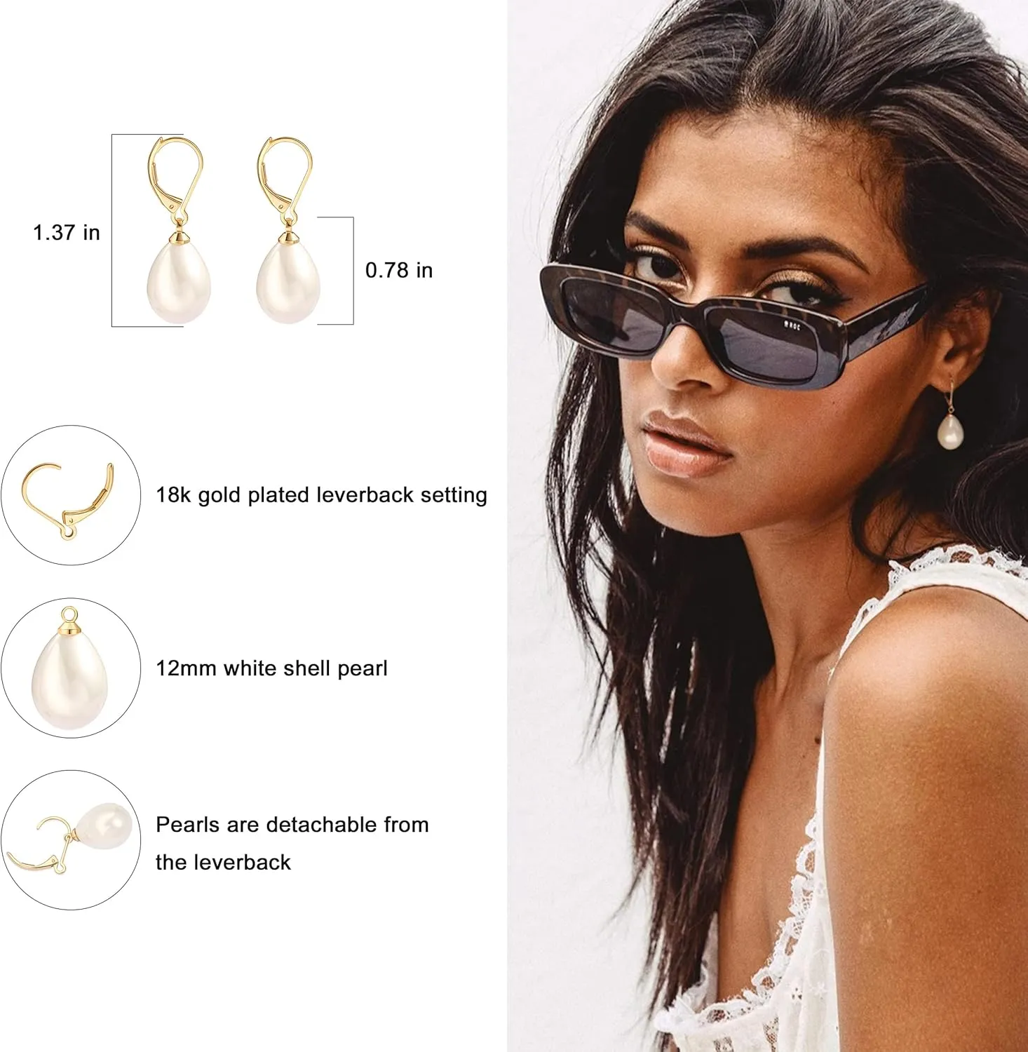 Handpicked White Pearl Earrings 18k Gold Plated Leverback Dangle Stud Pearl Earrings Jewelry for Women