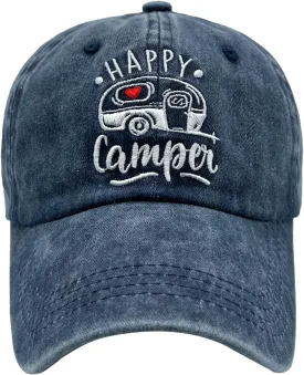 Happy Camper Embroidered Baseball Cap, Washed Adjustable Dad Hat for Men Women