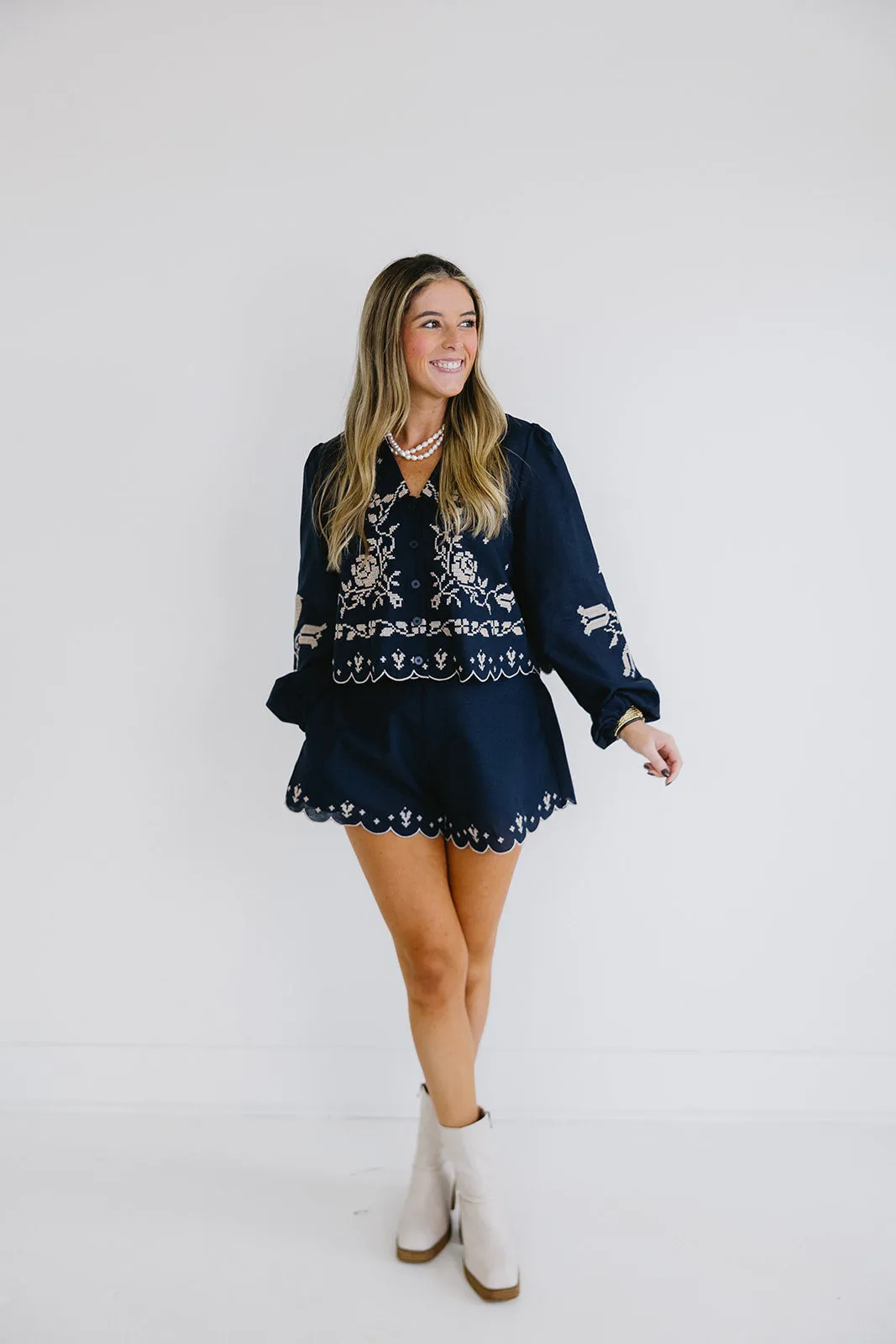 Linden Embroidered Set - Navy