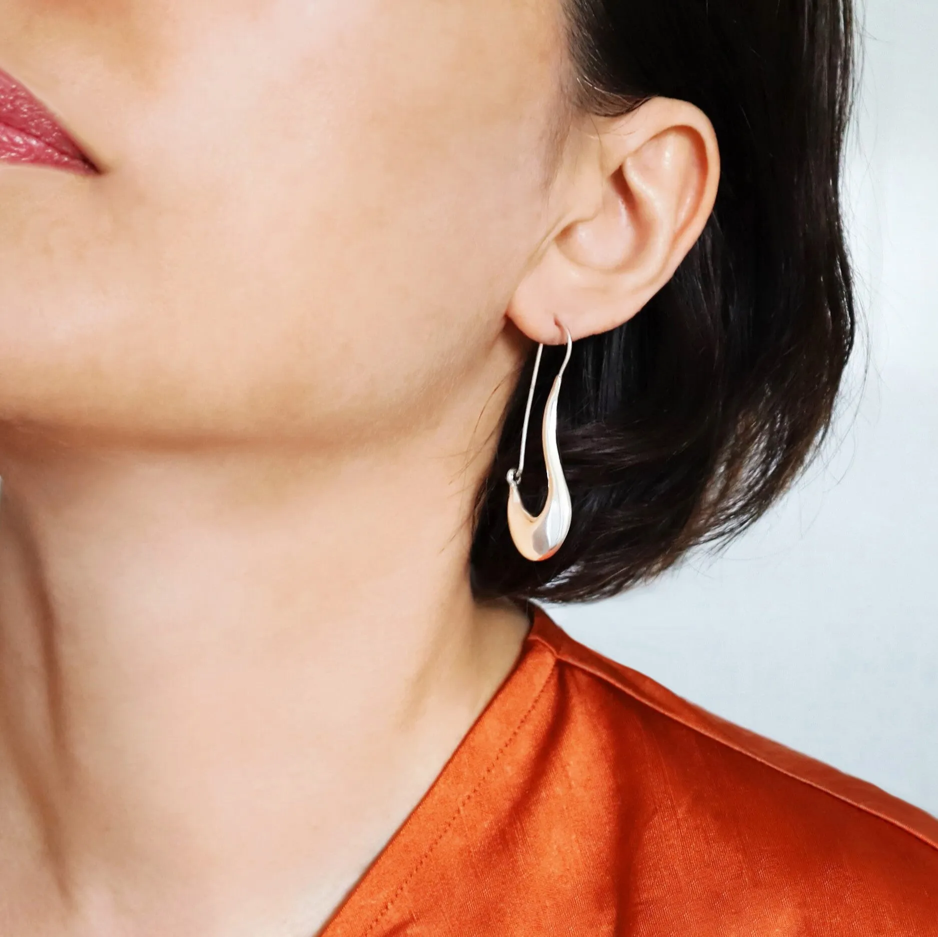 Long Sterling Silver Curved Creole Earrings
