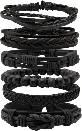 MILAKOO 6 Pcs Braided Leather Bracelet for Men Women Wooden Beaded Cuff Wrap Bracelet Adjustable