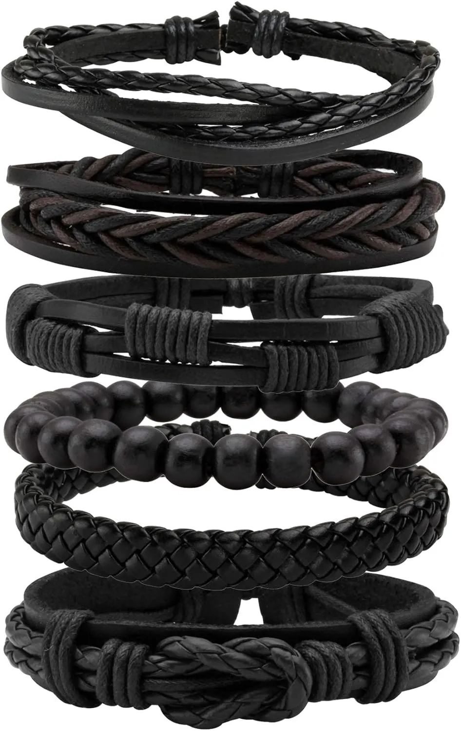 MILAKOO 6 Pcs Braided Leather Bracelet for Men Women Wooden Beaded Cuff Wrap Bracelet Adjustable
