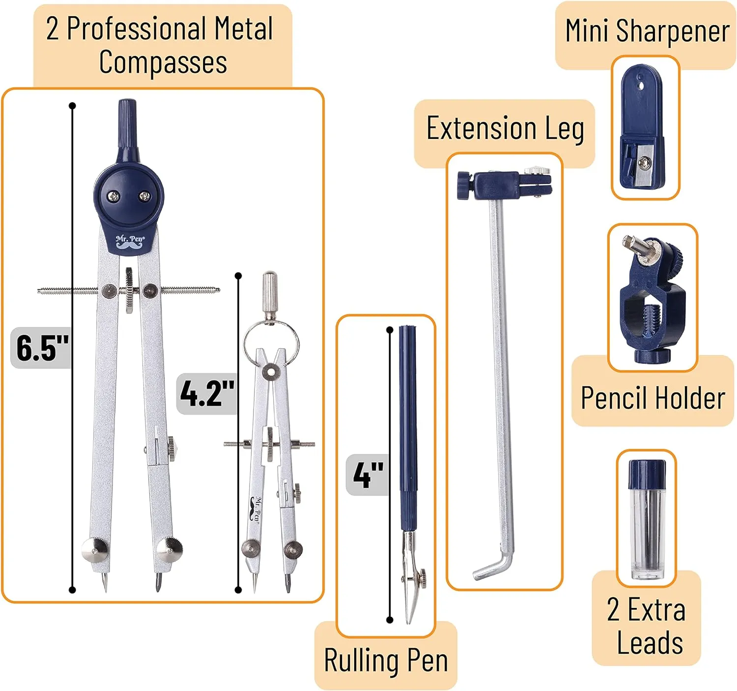 Mr. Pen- Professional Geometry Set Metal Compass, 7 pcs, Geometry Precision Tool Set with Shatterproof Storage Box, Drafting Tools & Drafting Kits, Circle Drawing Tools for Engineers Students