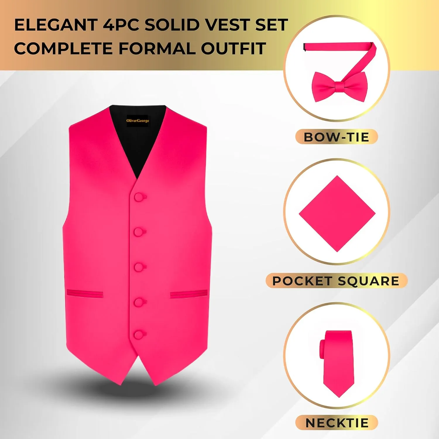 Oliver George 4pc Men's Solid Formal Waistcoat Tuxedo Dress Vest Necktie BowTie Handkerchief Set For Suit or Tuxedo