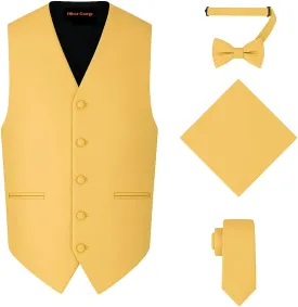 Oliver George 4pc Men's Solid Formal Waistcoat Tuxedo Dress Vest Necktie BowTie Handkerchief Set For Suit or Tuxedo