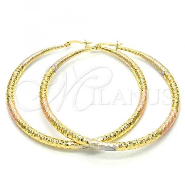 Oro Laminado Extra Large Hoop, Gold Filled Style Hollow Design, Diamond Cutting Finish, Tricolor, 02.170.0084.1.70
