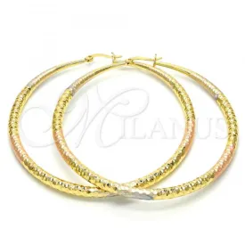 Oro Laminado Extra Large Hoop, Gold Filled Style Hollow Design, Diamond Cutting Finish, Tricolor, 02.170.0084.1.70