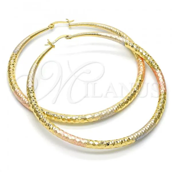 Oro Laminado Extra Large Hoop, Gold Filled Style Hollow Design, Diamond Cutting Finish, Tricolor, 02.170.0084.1.70