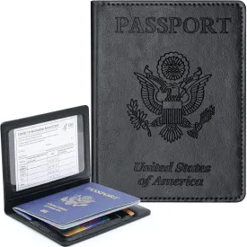 Passport Holder Cover Wallet Case RFID Blocking Leather Card Slot Travel Accessories Documents Organizer Protector for Women Men, Black