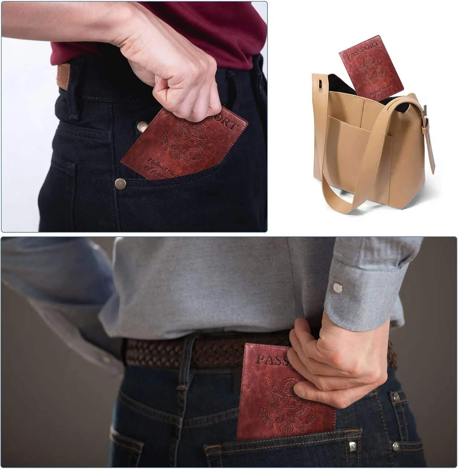 Passport Holder Cover Wallet Case RFID Blocking Leather Card Slot Travel Accessories Documents Organizer Protector for Women Men, Brown
