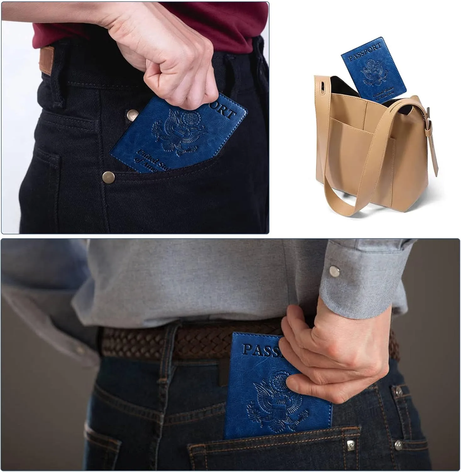 Passport Holder Cover Wallet Case RFID Blocking Leather Card Slot Travel Accessories Documents Organizer Protector for Women Men, Navy Blue