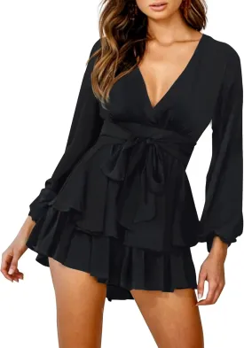 Relipop Womens Floral Print Romper V Neck Long Sleeve Double Layer Ruffle Hem Shorts Jumpsuit 2025 Beach Vacation Outfits