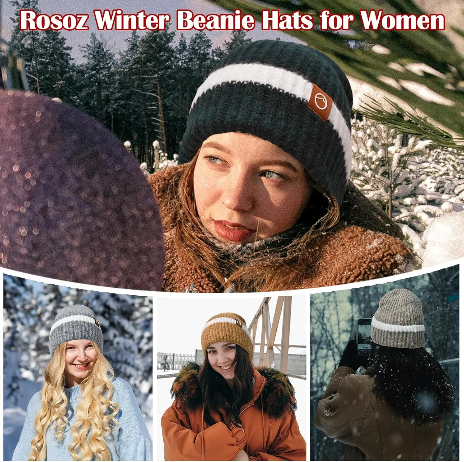 Rosoz Beanie Hats for Women Beanie Hats Warm Knit Thick Fleece Lined Skull Cap Gifts for Women