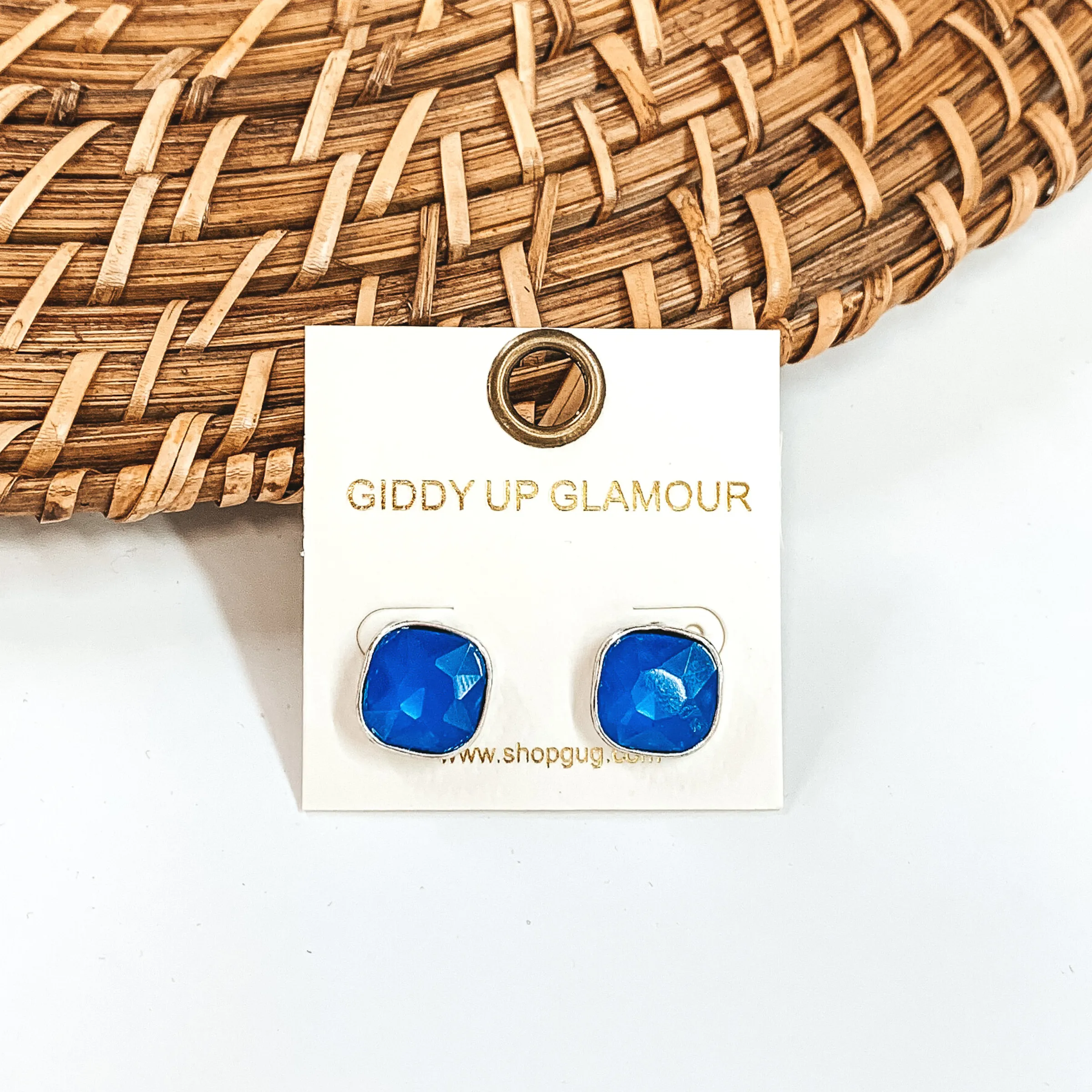 Silver Tone Square Stud Earrings with Crystals in Blue