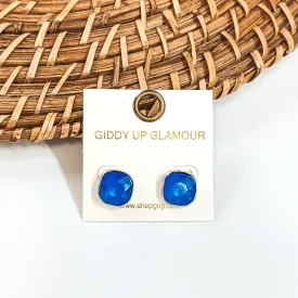 Silver Tone Square Stud Earrings with Crystals in Blue