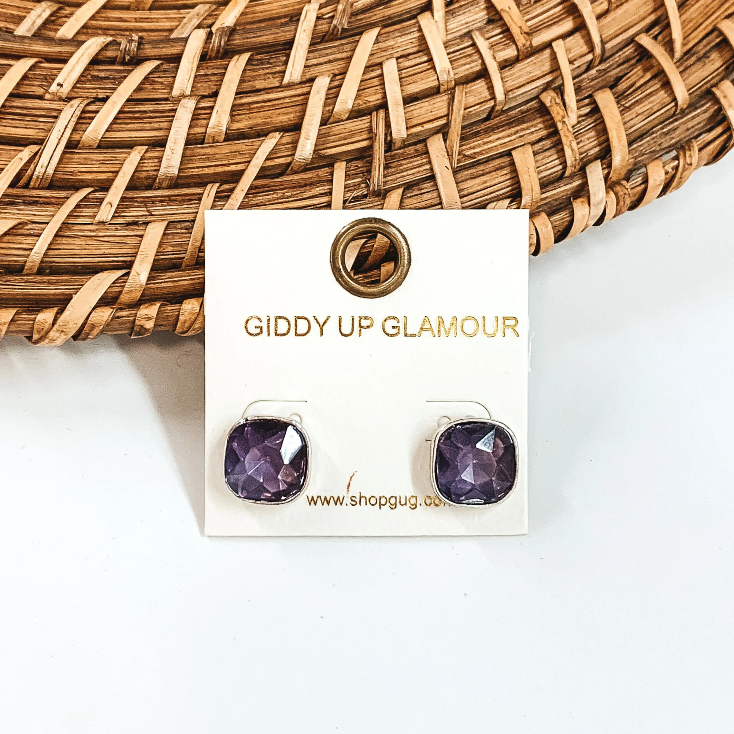Silver Tone Square Stud Earrings with Crystals in Purple