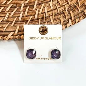 Silver Tone Square Stud Earrings with Crystals in Purple