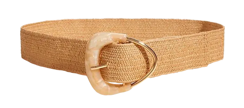 Straw Woven Elastic Belt with Triangle Buckle - Beige
