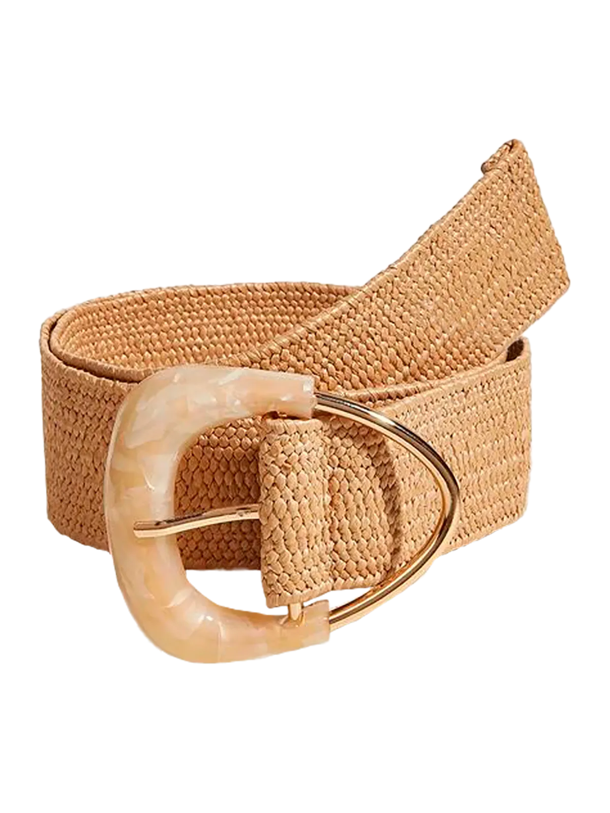 Straw Woven Elastic Belt with Triangle Buckle - Beige