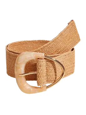Straw Woven Elastic Belt with Triangle Buckle - Beige