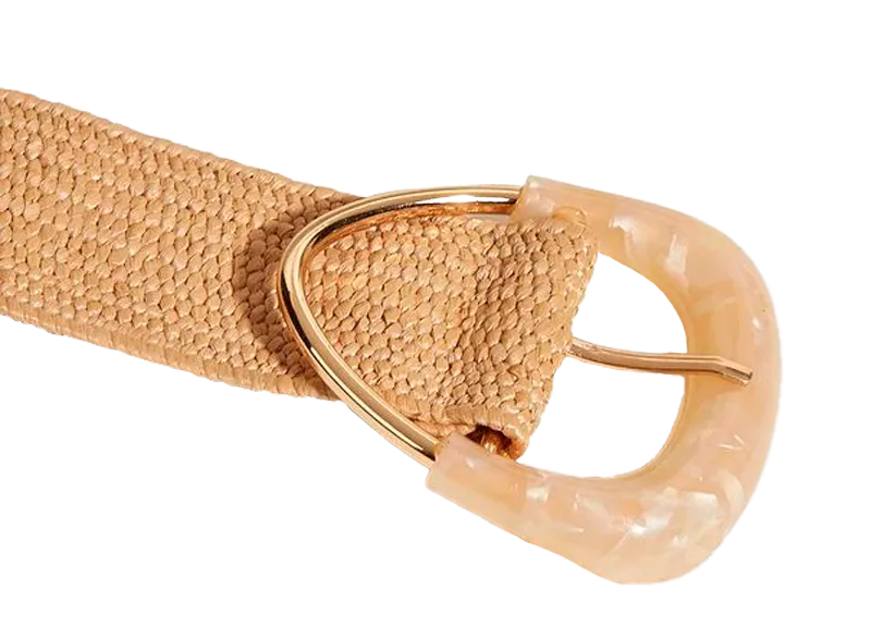 Straw Woven Elastic Belt with Triangle Buckle - Beige