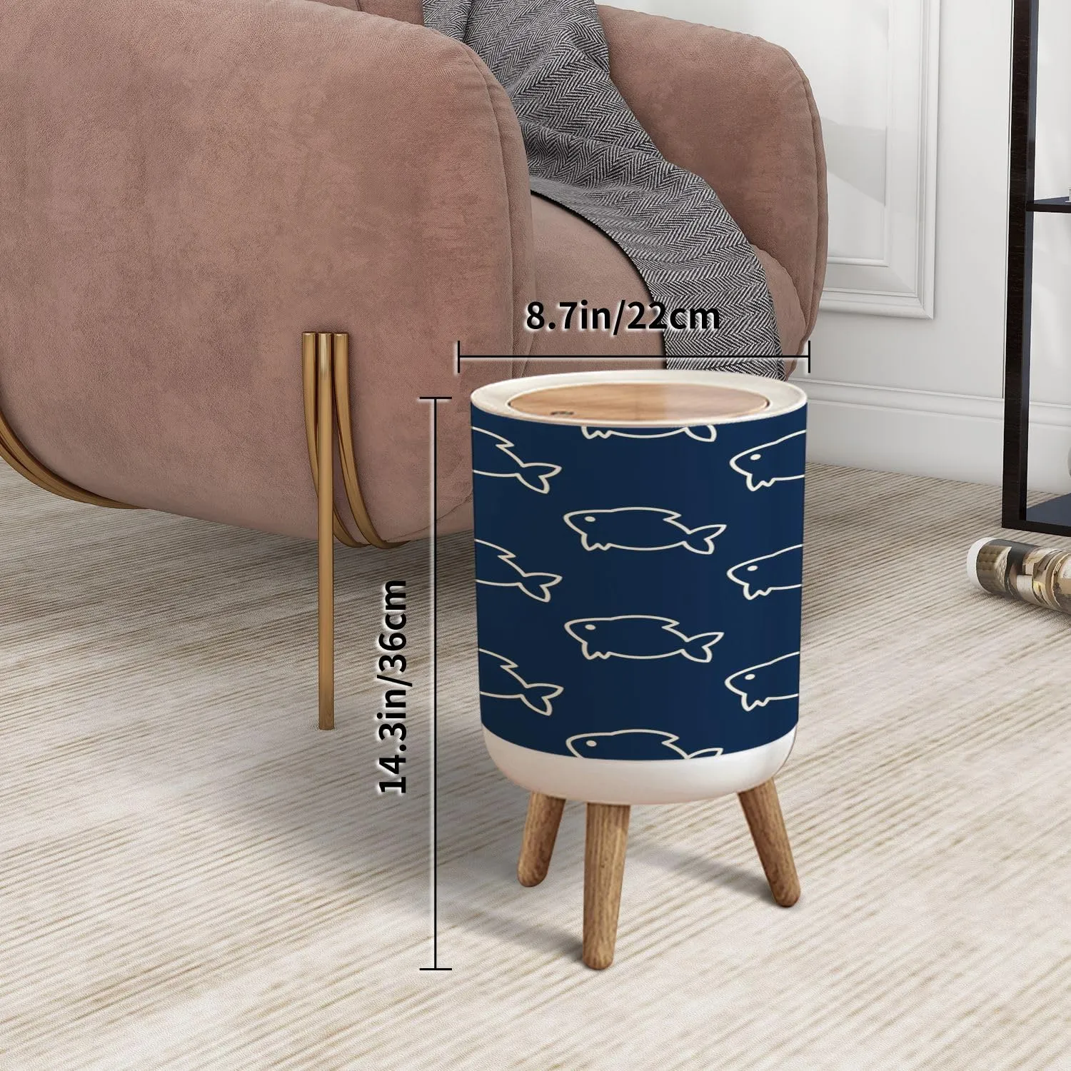 Trash Can with Lid Fishes simple seamless pattern Ivory minimalist stylized drawings dark Press Top Round Small Garbage Bin with Wooden Legs Waste Basket for Kitchen Bedroom Nursery 7L/1.8 Gallon