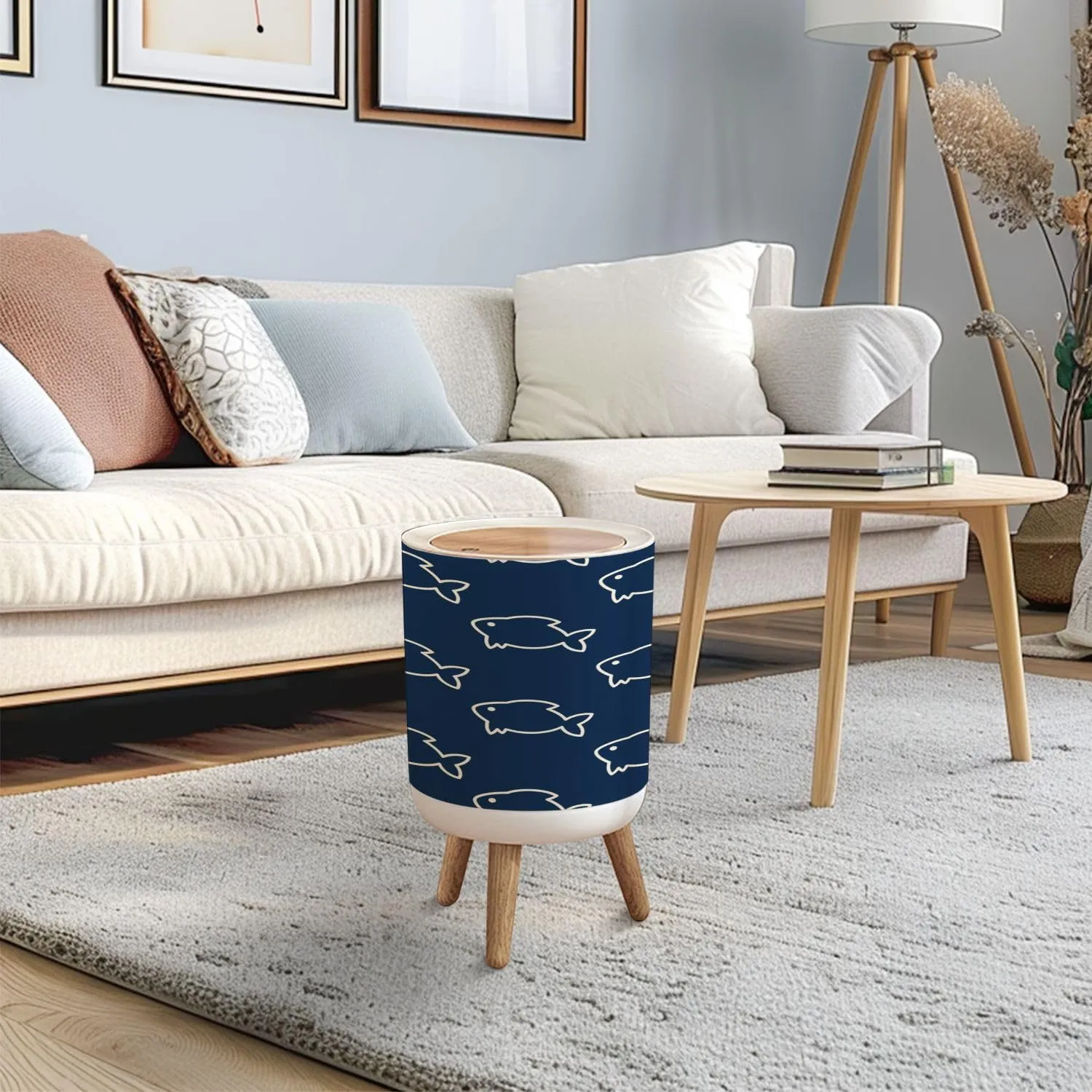 Trash Can with Lid Fishes simple seamless pattern Ivory minimalist stylized drawings dark Press Top Round Small Garbage Bin with Wooden Legs Waste Basket for Kitchen Bedroom Nursery 7L/1.8 Gallon