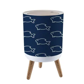 Trash Can with Lid Fishes simple seamless pattern Ivory minimalist stylized drawings dark Press Top Round Small Garbage Bin with Wooden Legs Waste Basket for Kitchen Bedroom Nursery 7L/1.8 Gallon