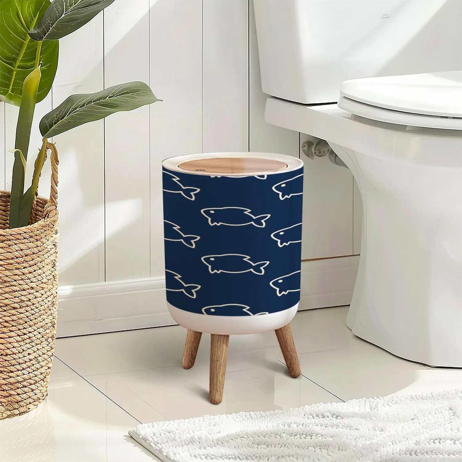 Trash Can with Lid Fishes simple seamless pattern Ivory minimalist stylized drawings dark Press Top Round Small Garbage Bin with Wooden Legs Waste Basket for Kitchen Bedroom Nursery 7L/1.8 Gallon