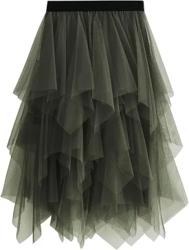 Tulle Skirts for Women Midi Long Fairy Skirt Tutu A-Line Mesh Layered High Elastic Waist Halloween Skirts