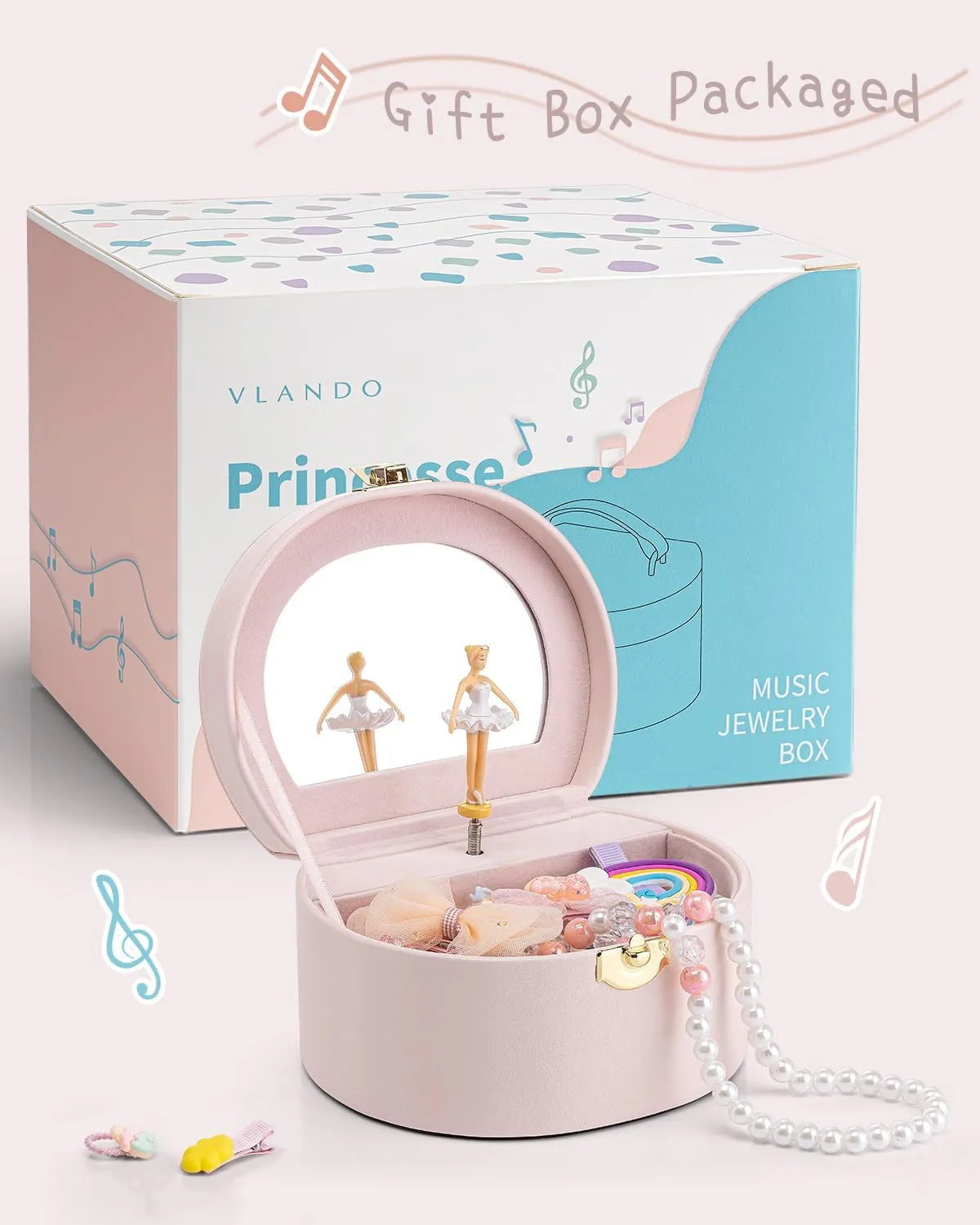 Vlando Musical Jewelry Box for Girls - Birthday for Girls Ages 4 5 6 7 8-12 Year Old - Kid Music Box with Ballerina for Birthday Bedroom Decor - Light Pink